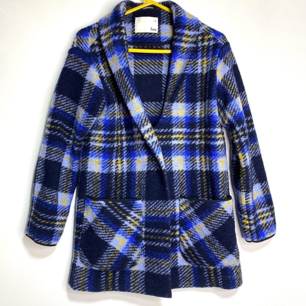 Aritzia Wilfred Free Wool Blend Plaid Cocoon Coat in Blue Yellow Black Small